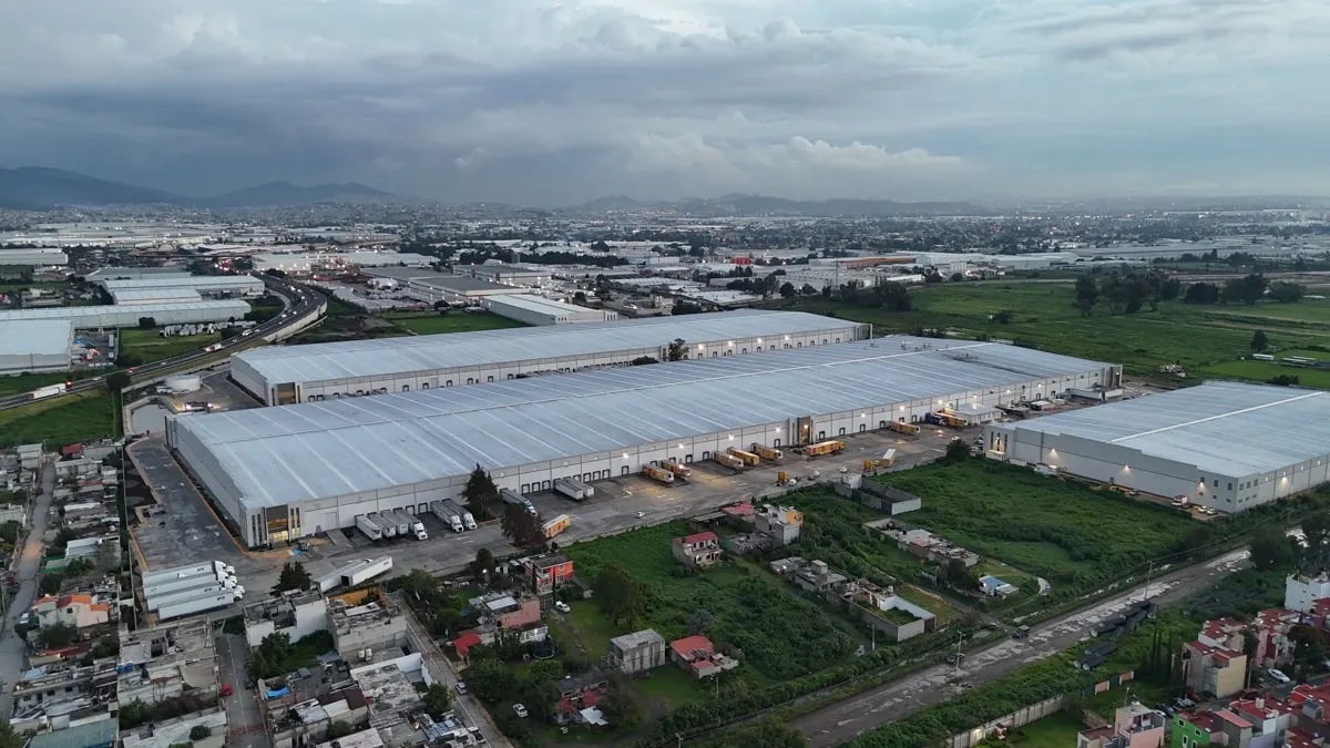 Aerial view of a large warehouse distribution center.