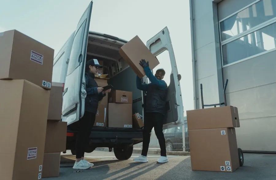 Sprinter van being unloaded at a delivery site.